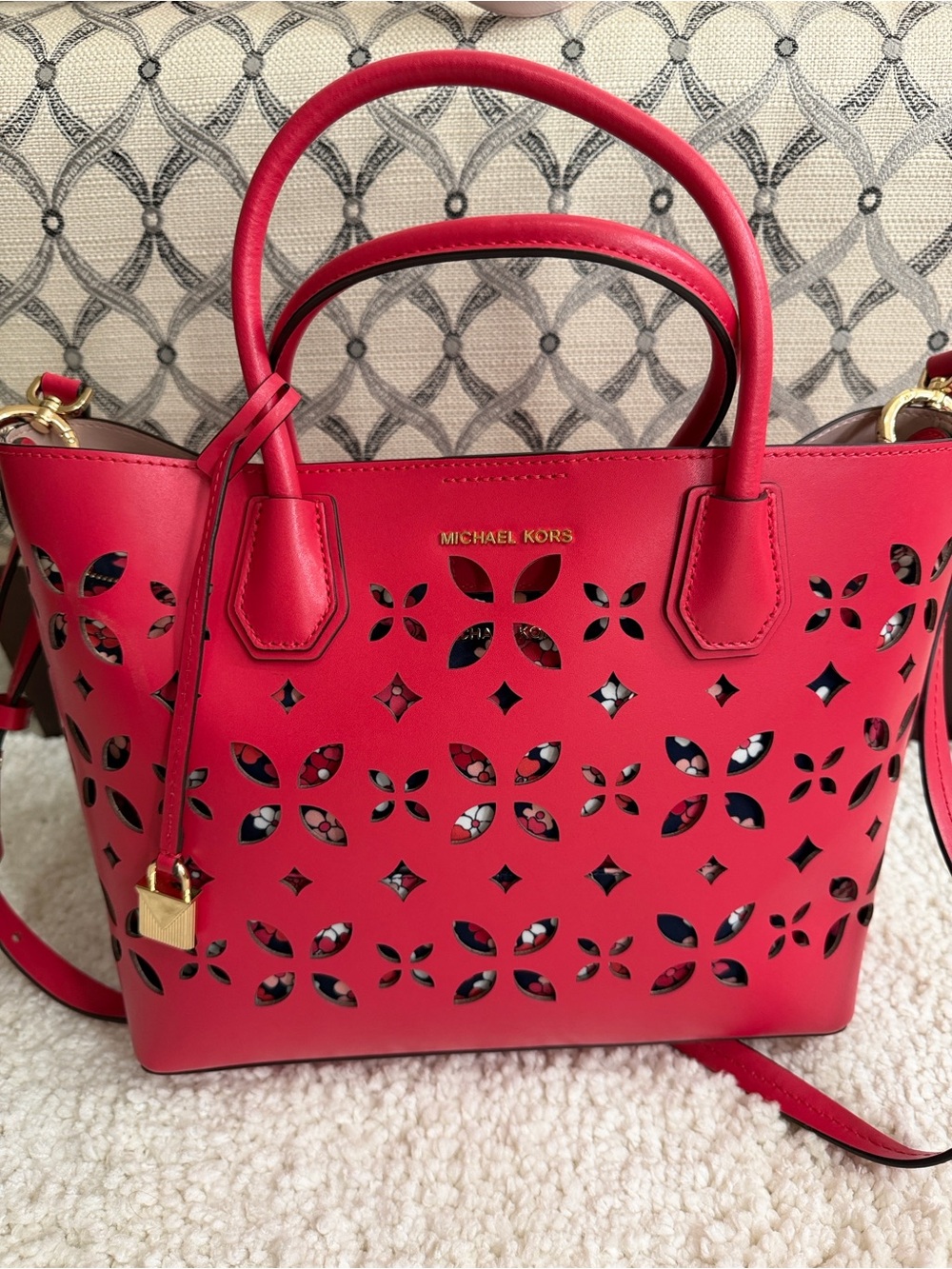 Michael Kors Bright Red Laser-Cut Floral Tote